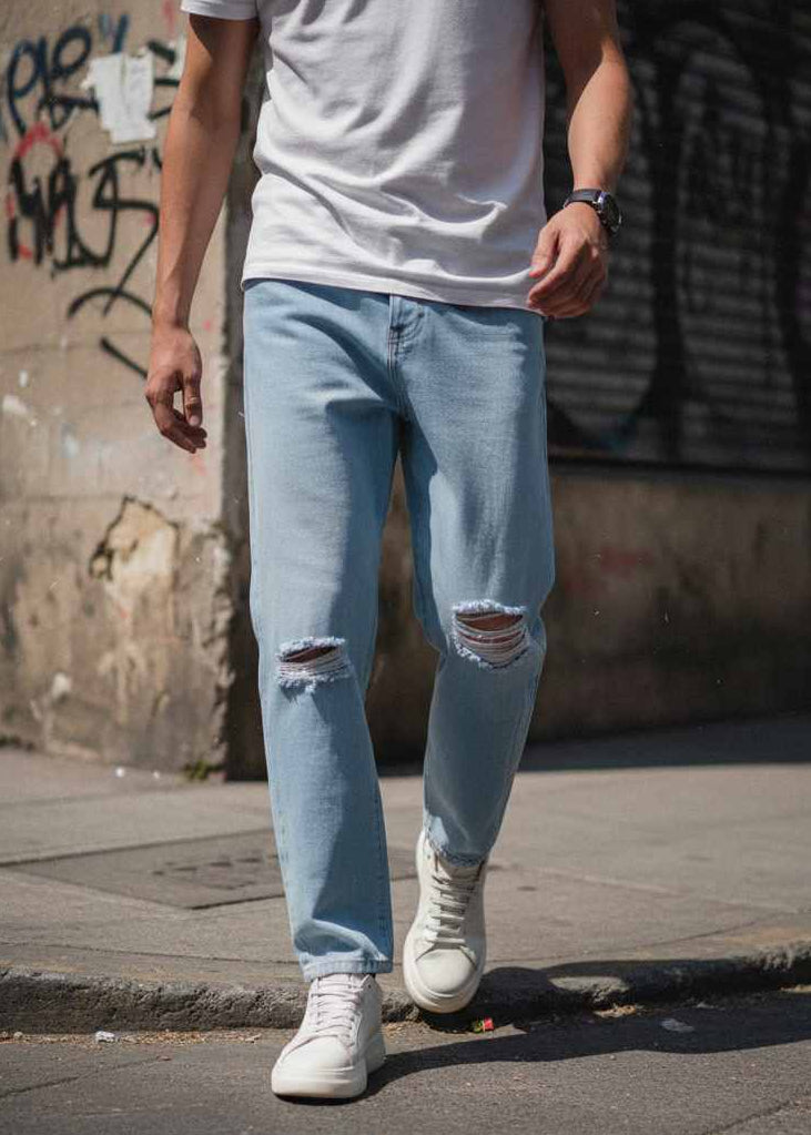 Mom Jeans Azul Cielo Desgastados para Hombre