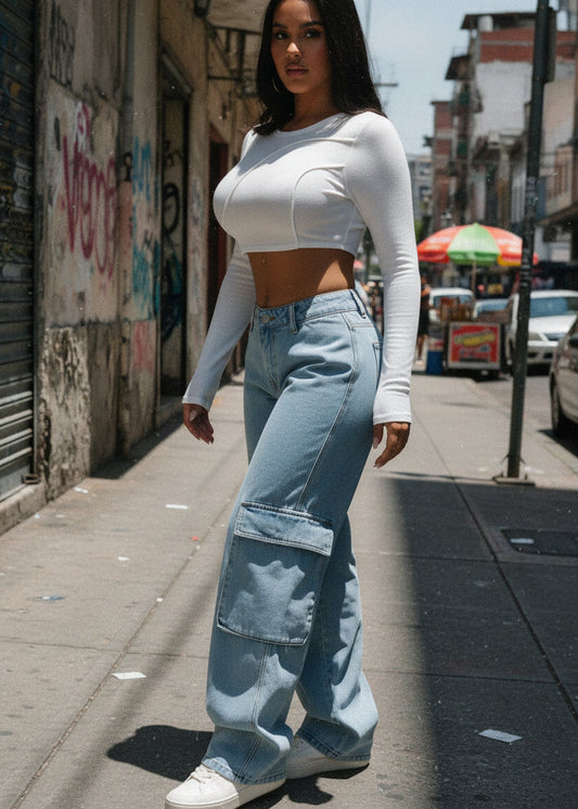 Cargo Jeans BAGGY Bolsillos Mujer Azul Claro 