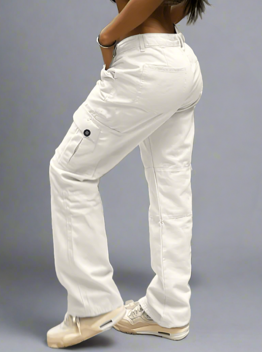 Pantalones Cargo Mujer Blanco Cintura Alta