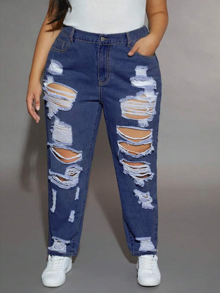 Jeans Azules Oscuro Rotos para Mujer de Tallas Extras PDMX