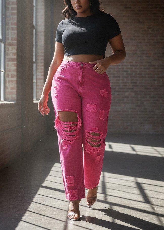 Jeans Rosa Rotos de Talla Extra para Mujer