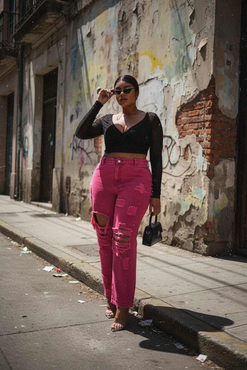 Jeans Rosa Rotos de Talla Extra para Mujer