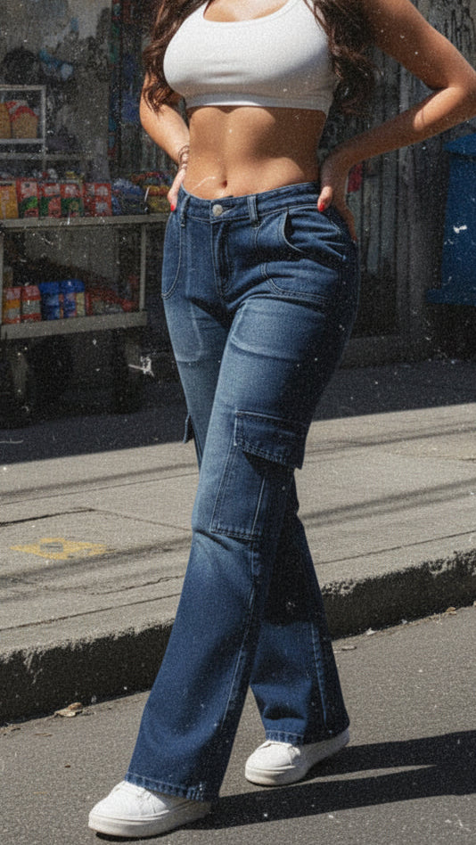 Modelo presentando Pantalones de Trabajo Azul Oscuro para Mujer con Bolsillos
