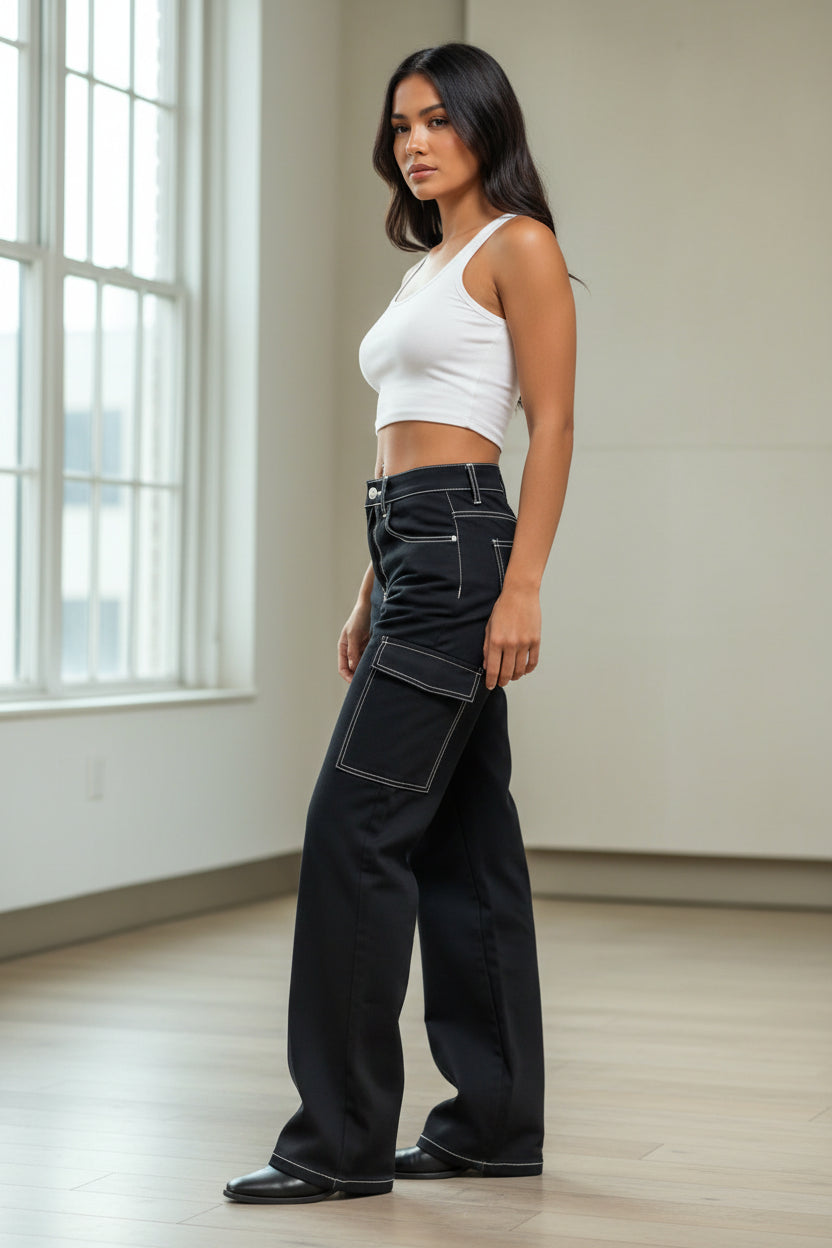 Pantalones cargo mujer azul oscuro PDMX Jeans detalle bolsillos laterales