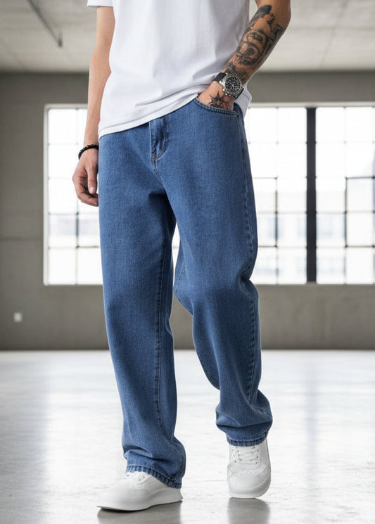 PDMX Jeans pantalones baggy para hombre en mezclilla rígida azul clásico