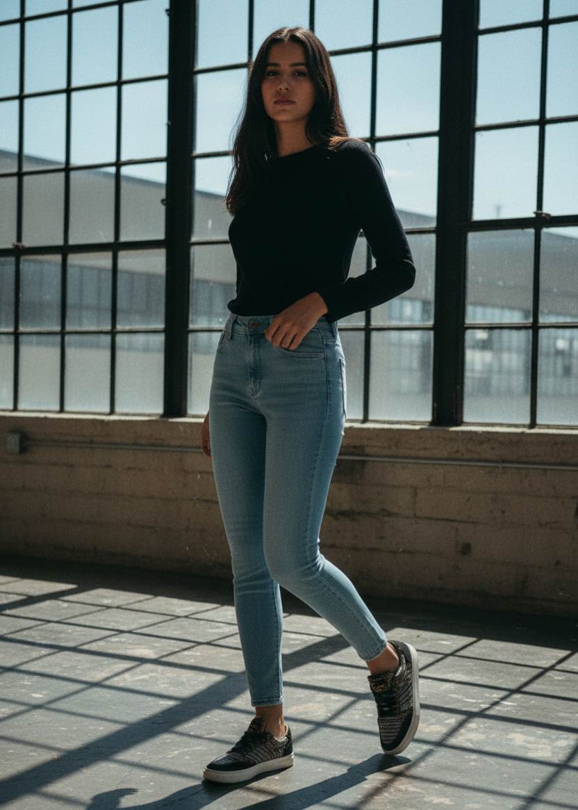 Jeans de mezclilla clara ajustados – detalle de tela y costura