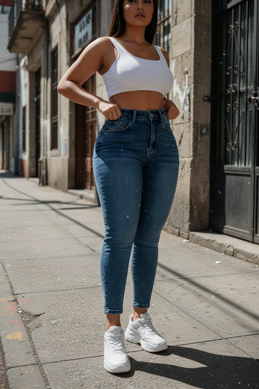 . Jeans de mezclilla azul para mujer corte alto moda mexicana