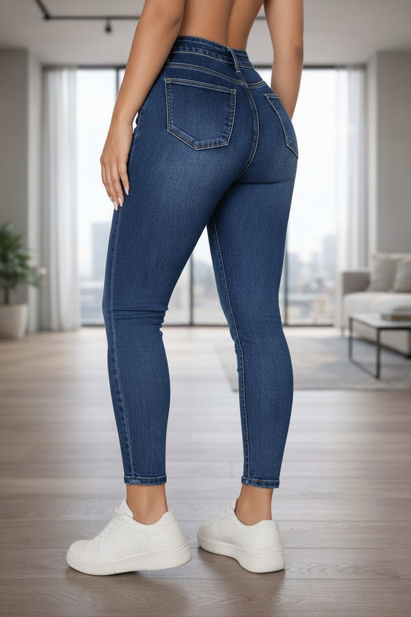 PDMX Jeans Azul Imperio Stretch efecto contorno cintura alta mujer