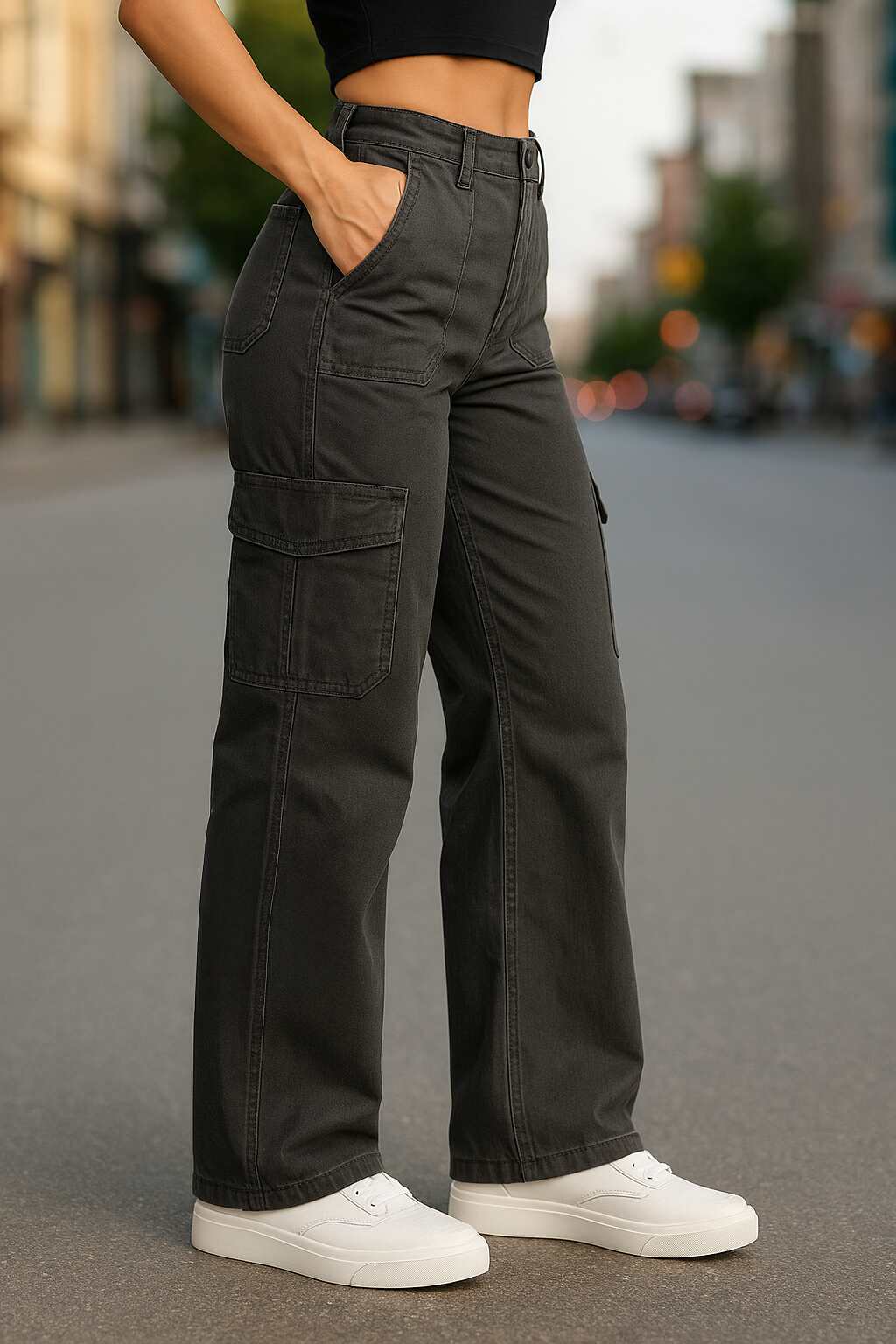 PDMXJeans Cargo Gris Intenso para Mujer de mezclilla rígida