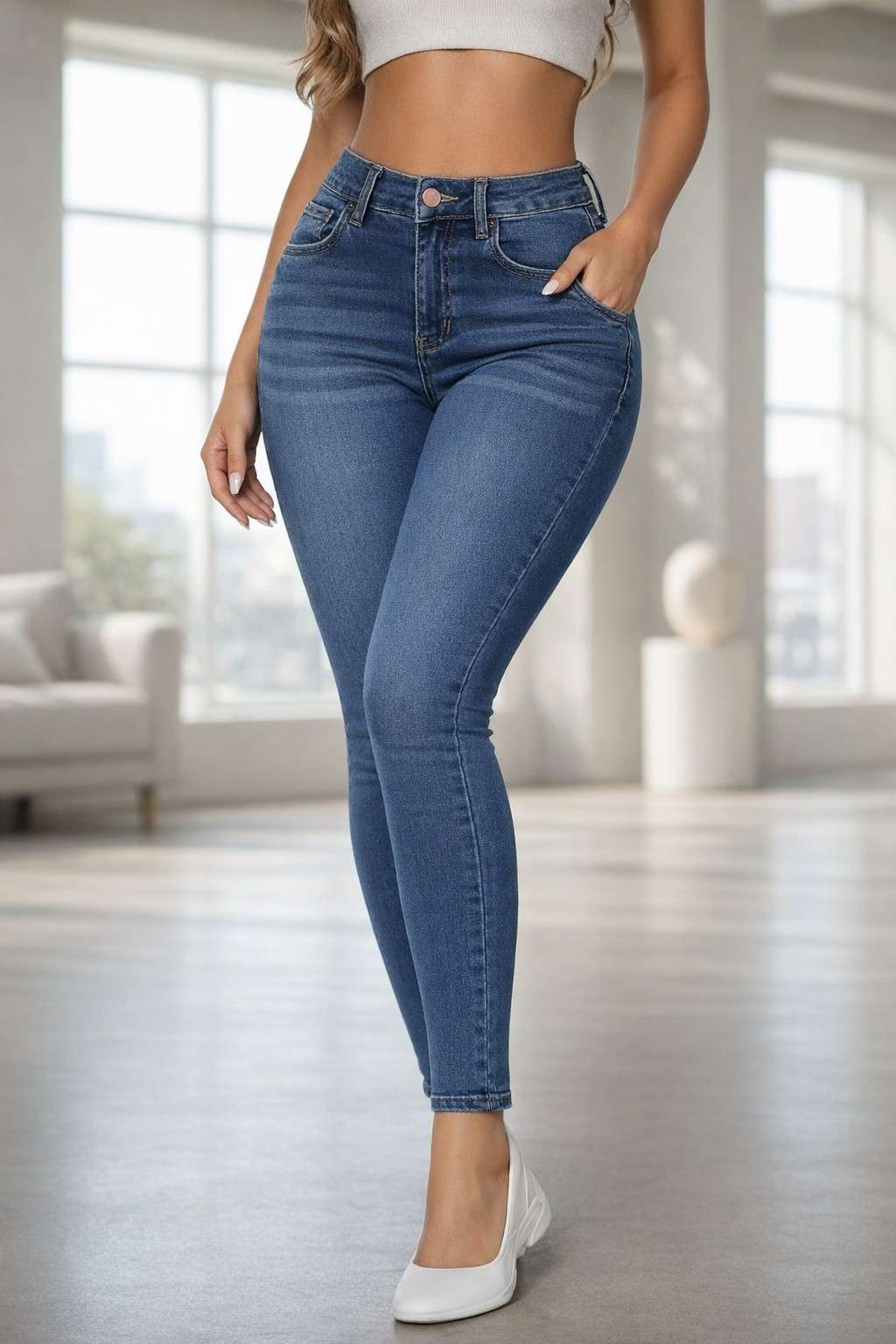 PDMX Jeans skinny tiro alto azul imperio tela stretch premium