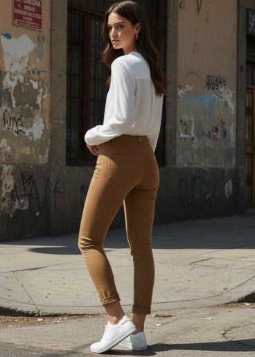 PDMX Jeans mom fit color chocolate mezclilla stretch premium