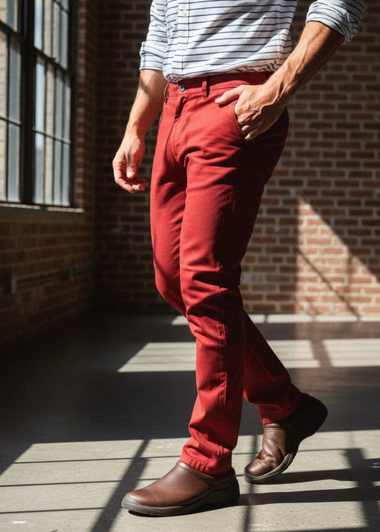 Detalle del bolsillo del chino rojo gabardina PDMX Jeans, calidad superior desde Monterrey