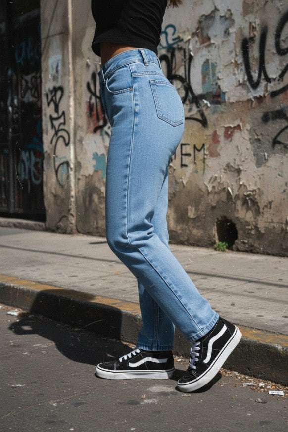 Pantalón de mezclilla mom jeans azul claro