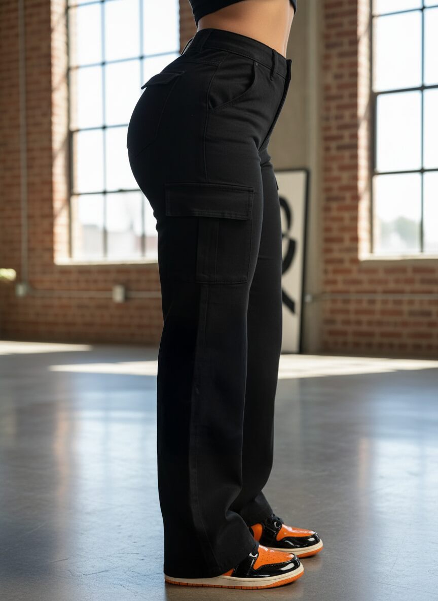 Ropa mujer cargo negro cintura alta mezclilla PDMX Jeans