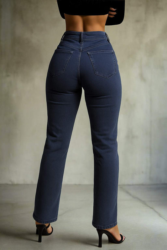 Jeans PDMX Mom Fit en mezclilla premium gris pizarra intenso para mujer