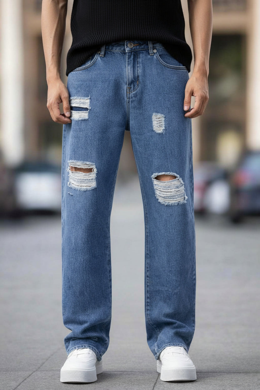 Estilo Rebelde con Baggy Jeans Azules Rotos - PDMX Hombres