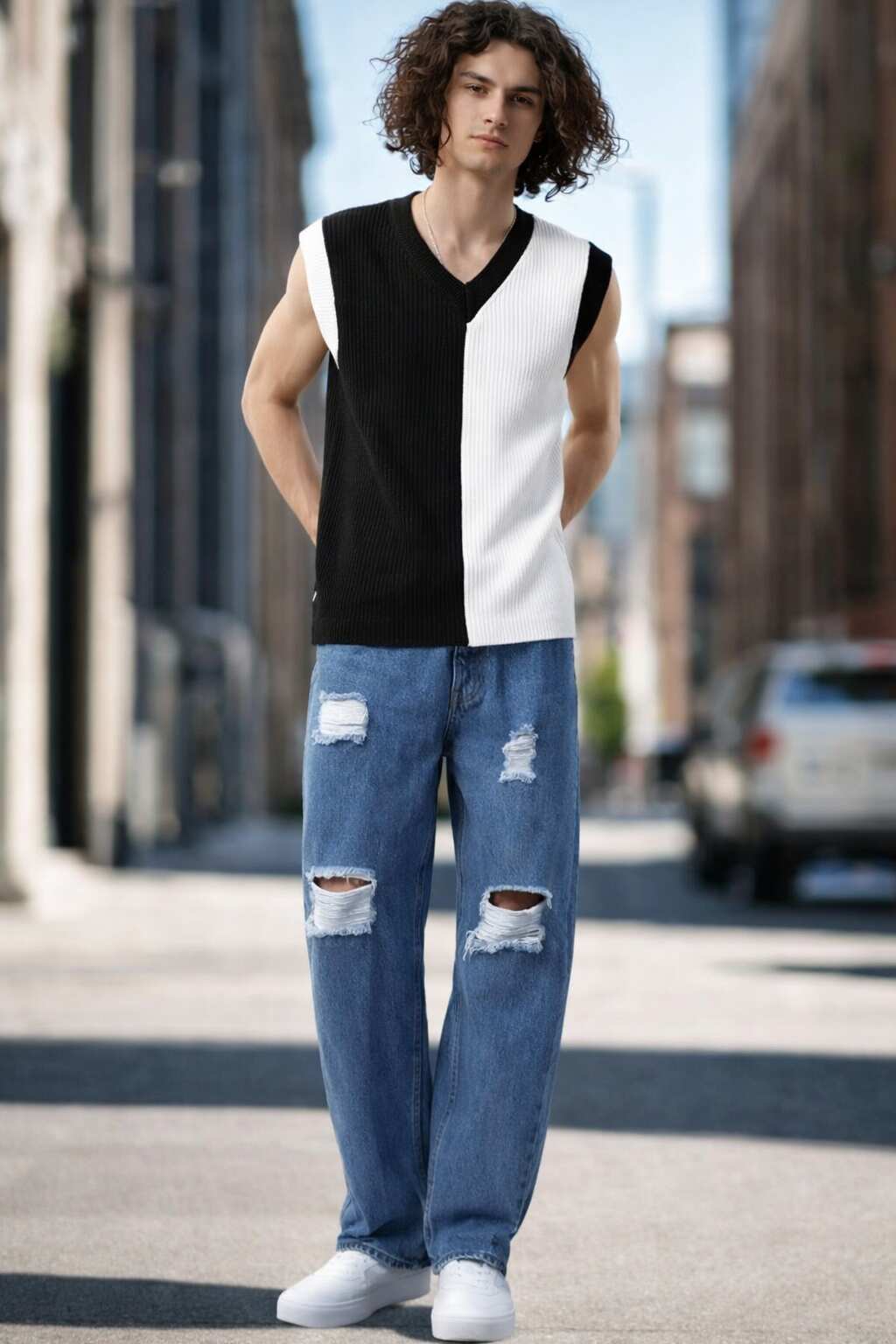 Baggy Jeans Hombre Cielo Azules Rotos