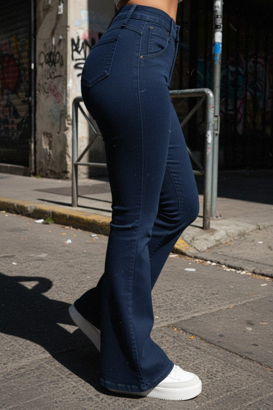 Pantalones Campana Azul Oscuro Mujer - Vista Lateral