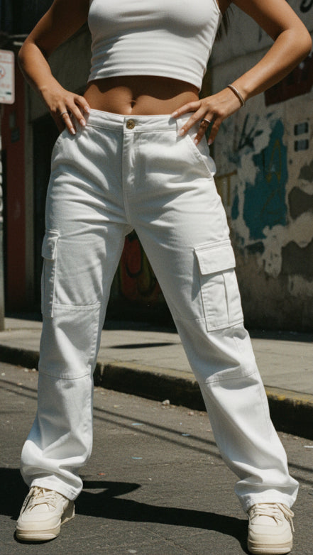 Pantalón blanco cargo para mujer – Estilo casual y relajado con ajuste perfecto