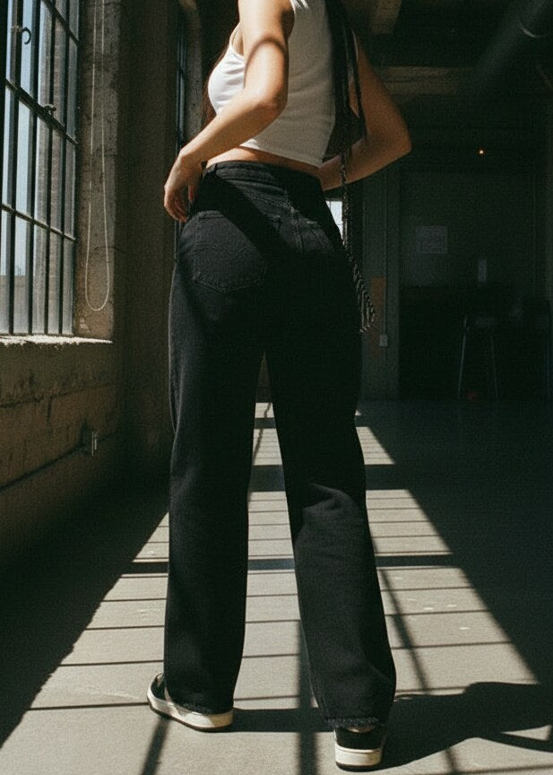 Jeans Barrel Leg negros con ajuste perfecto para mujer