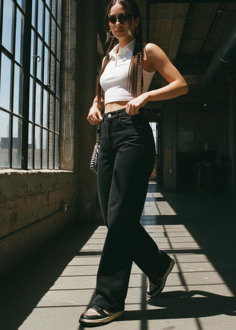 Jeans Barrel Leg negros con ajuste perfecto para mujer
