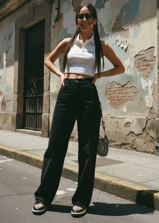 Jeans Barrel Leg negros con ajuste perfecto para mujer