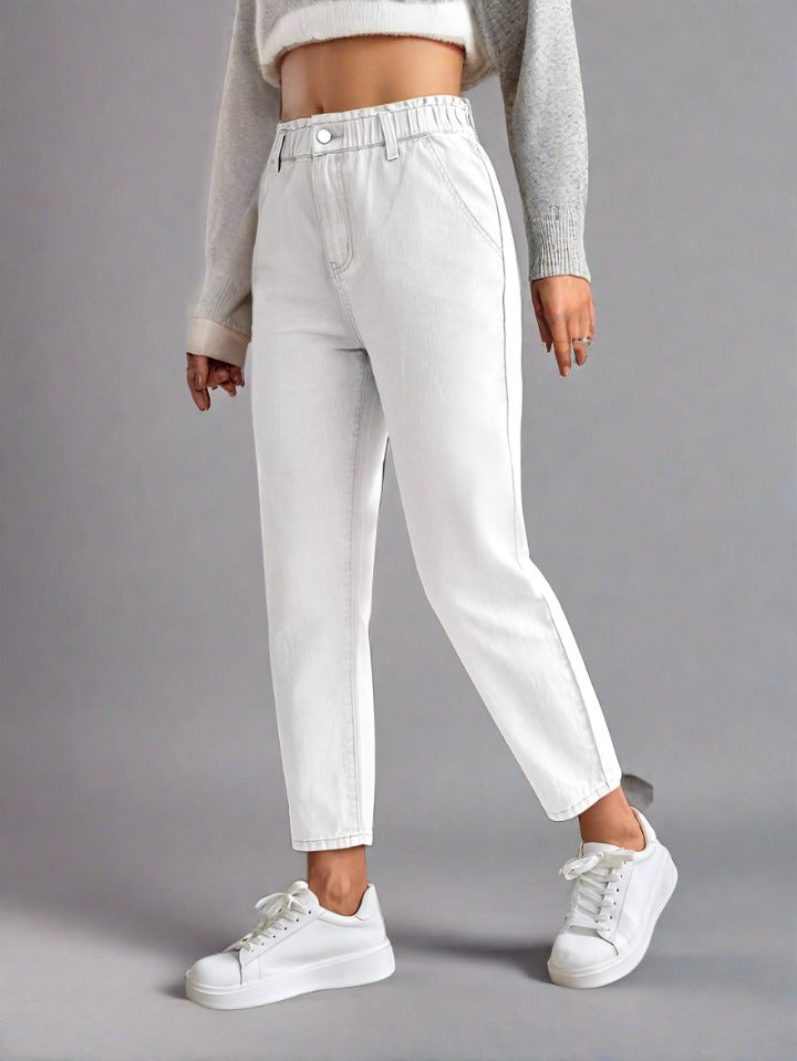 Cintura Pantalones Mom Jeans Blancos Pantalones Mom Fit Blancos