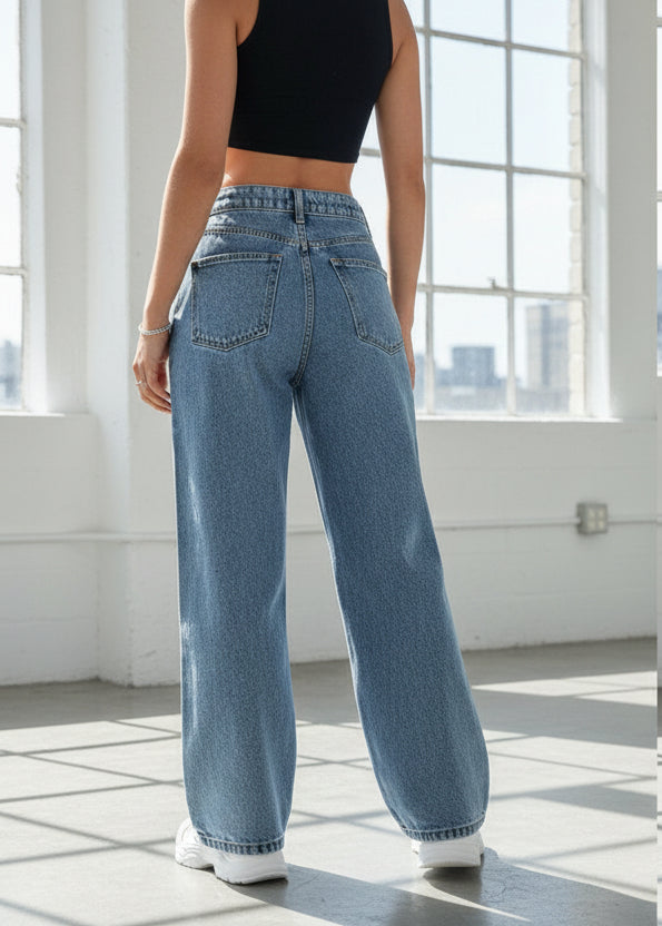 Jeans wide leg azules cielo para mujer stretch PDMX Jeans ajuste amplio