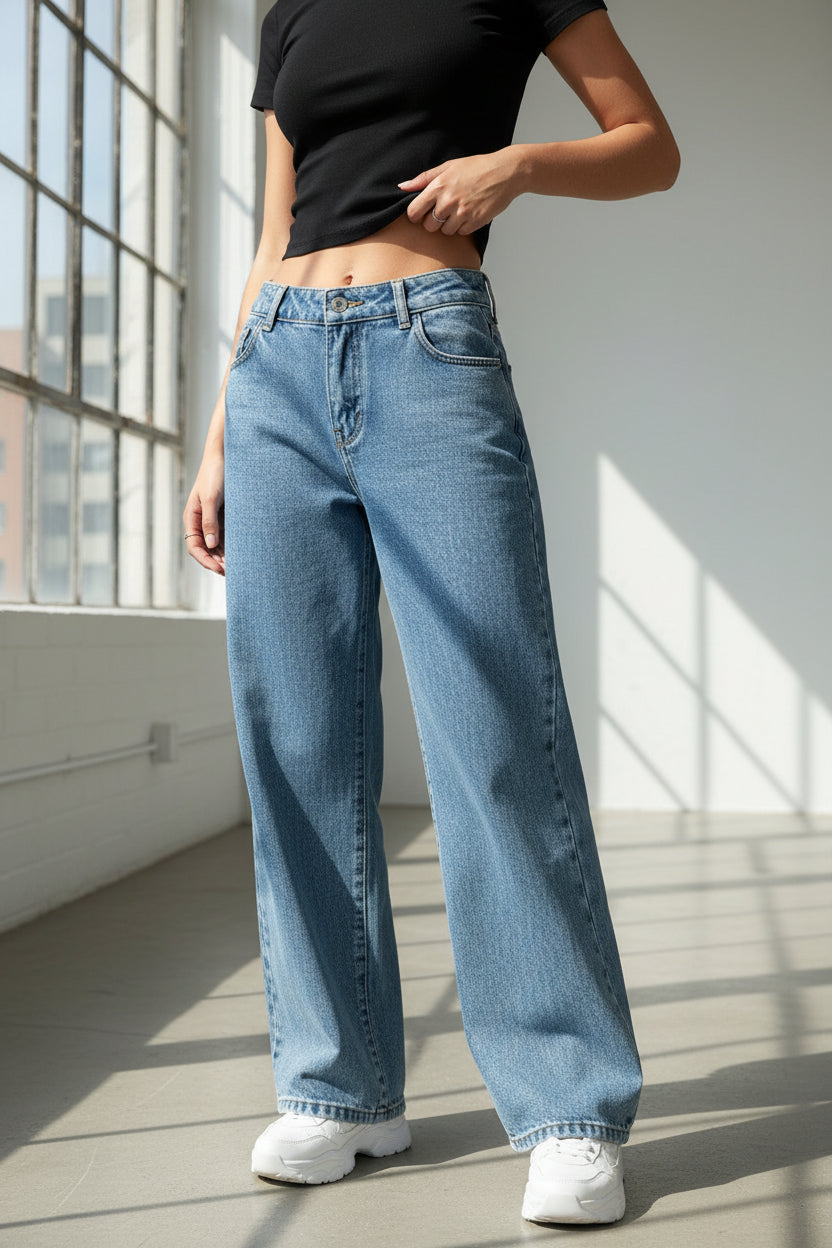 Jeans wide leg stretch color azul cielo para mujer estilo urbano PDMX Jeans