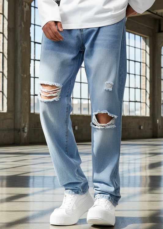 Pantalones Rectos Azules con Detalles Desgastados para Hombre