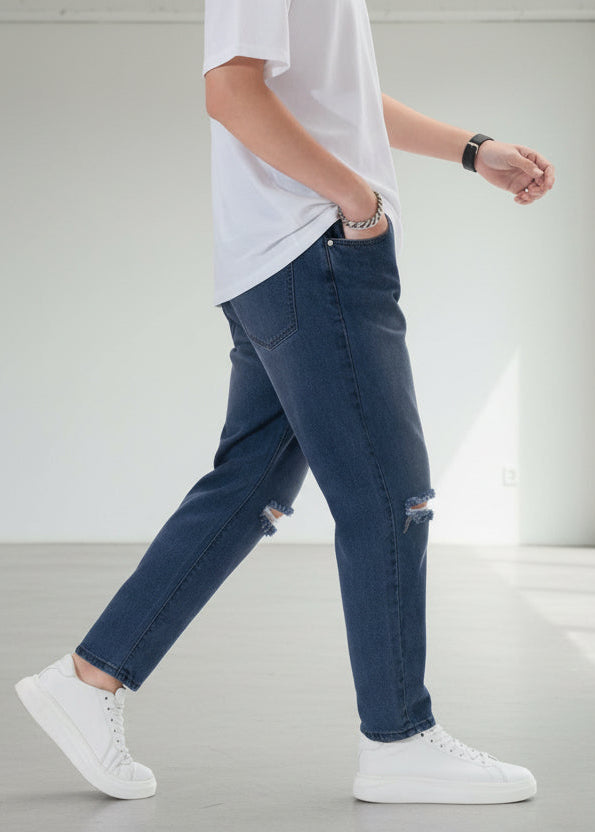 Mom jeans rotos azul oscuro hombre moda mexicana PDMX Jeans