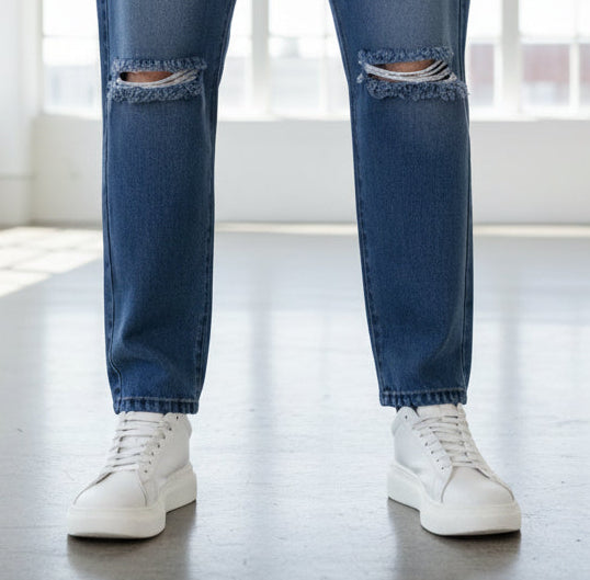 Jeans mom fit hombre con rotos rodilla azul oscuro PDMX Jeans