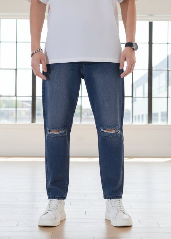 Mom jeans para hombre azul oscuro con rasgaduras PDMX Jean