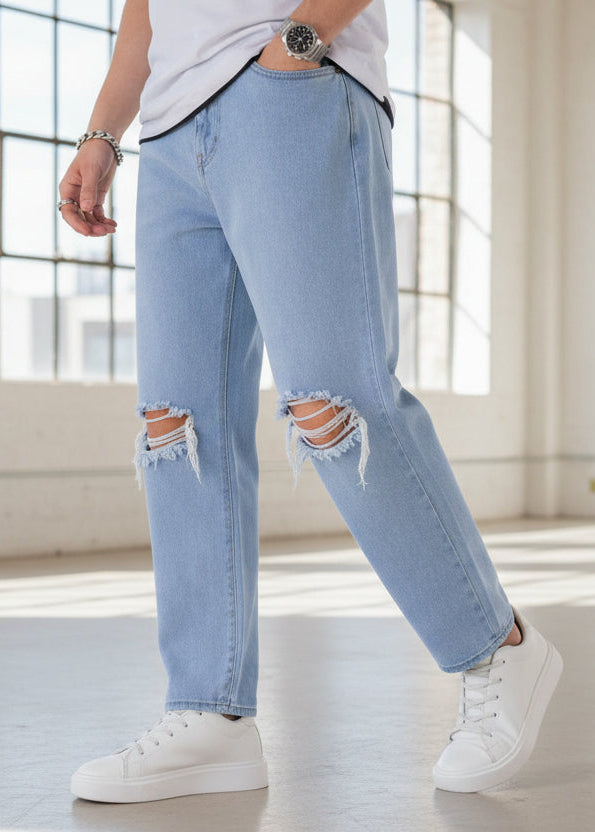 PDMX Jeans Mom Jeans azul cielo para hombre con diseño roto moderno