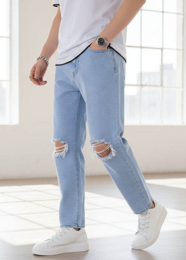 Mom Jeans hombre azul cielo con efecto roto PDMX Jeans denim resistente