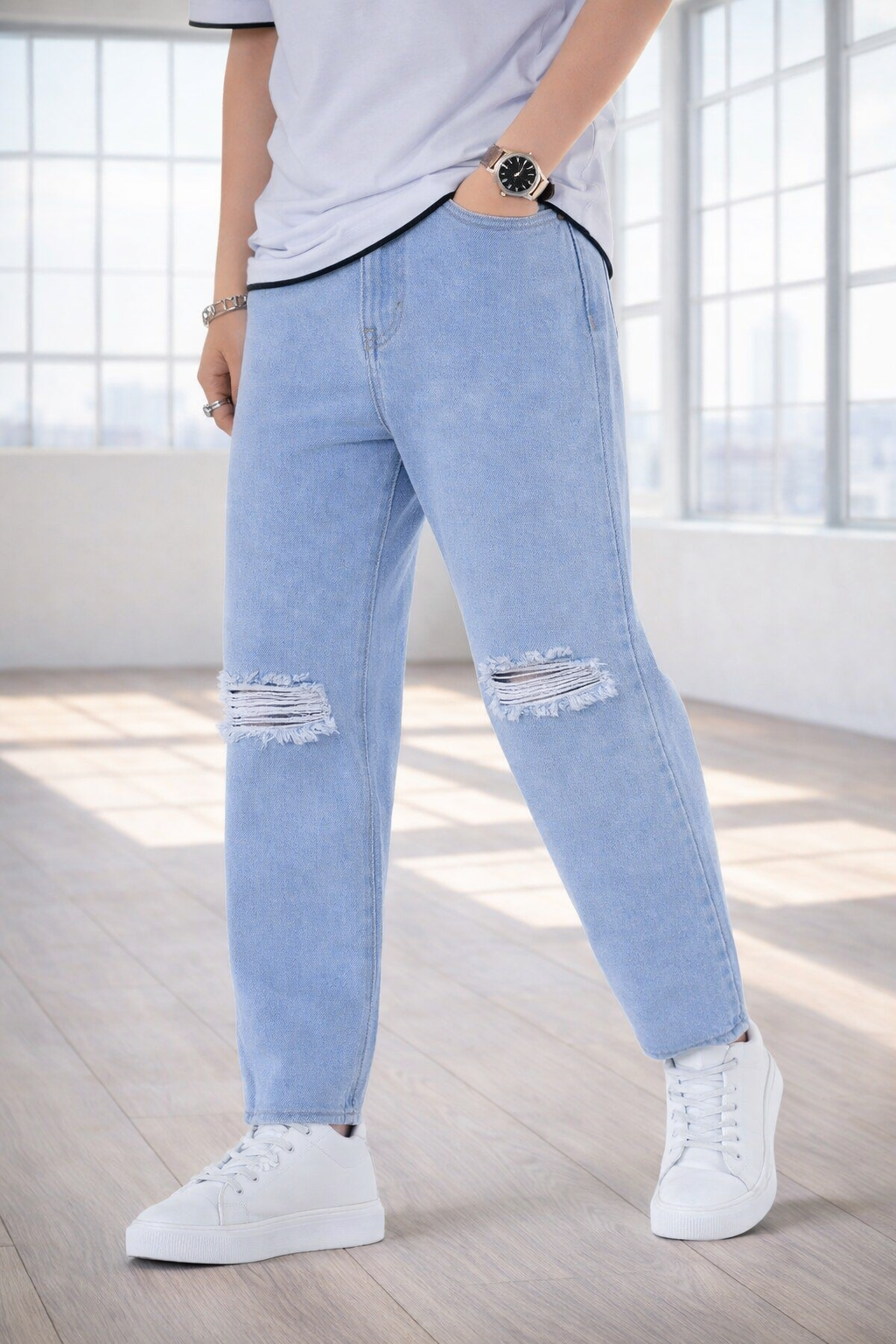 Mom Jeans Azules Cielo Rotos para Hombre PDMX Jeans en mezclilla premium