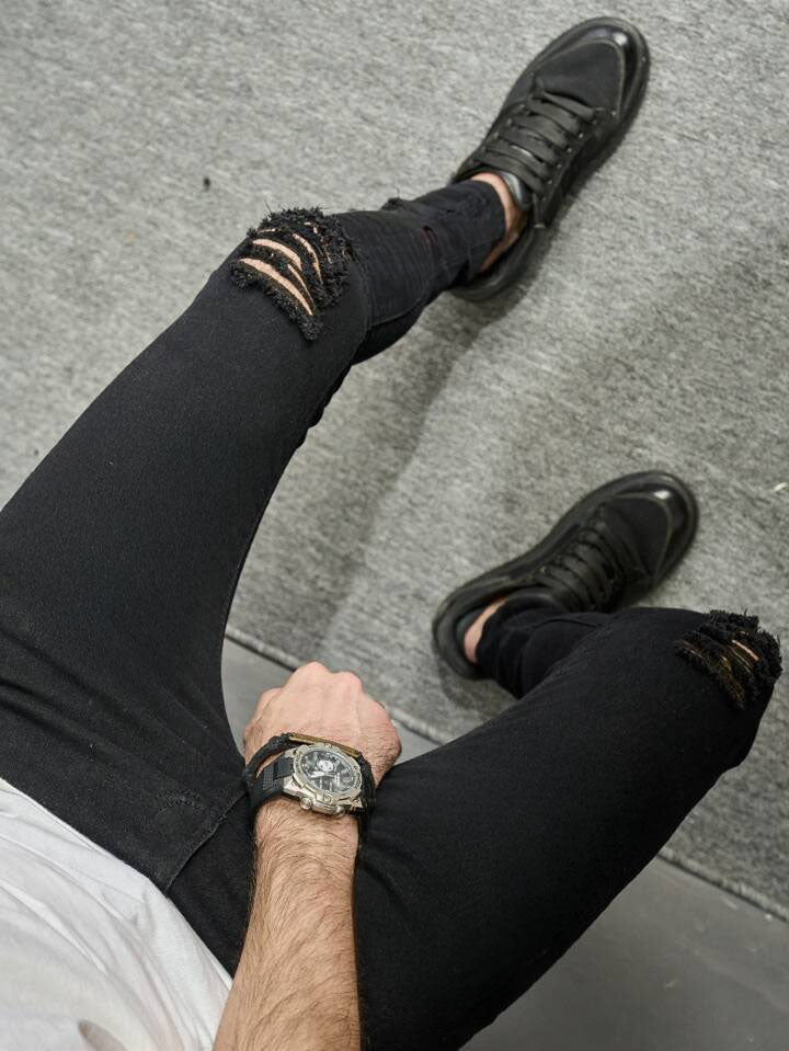 Jeans Negros Super Skinny Rotos Hombres