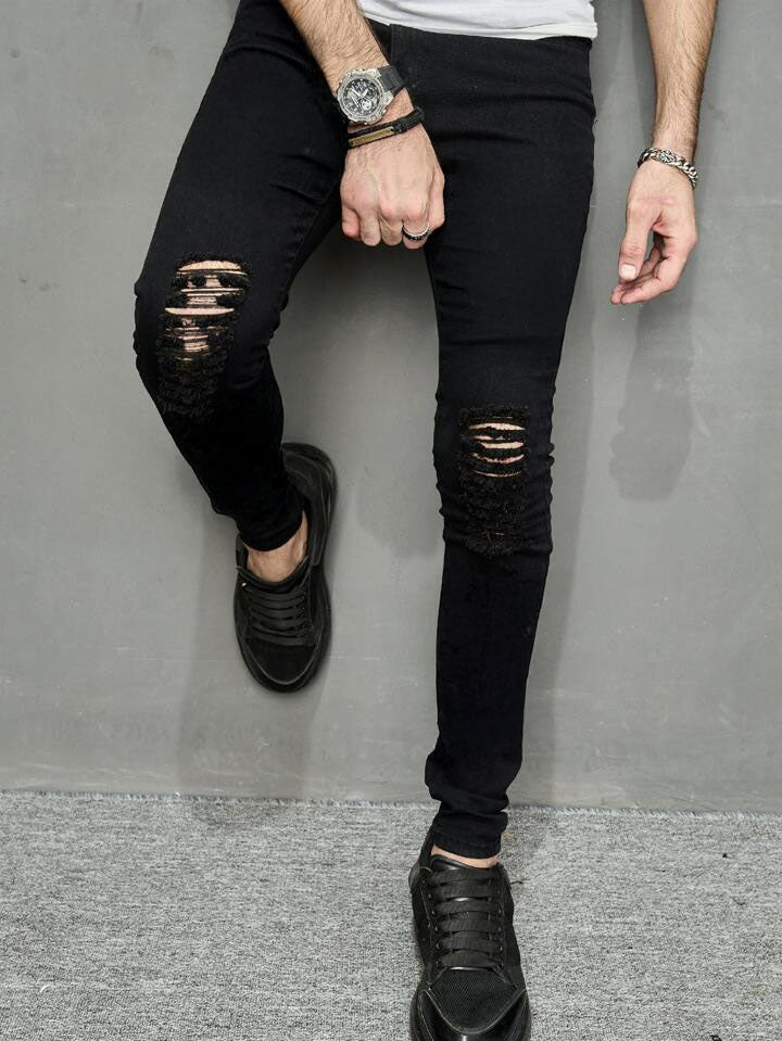 Jeans Negros Super Skinny Rotos Hombres