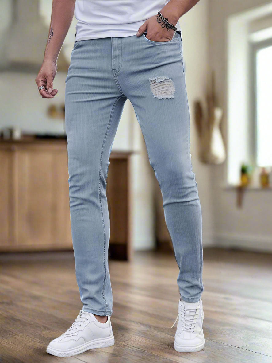 Color Celeste Hombre Pantalones Celestes Jeans Slim Rotura Celeste