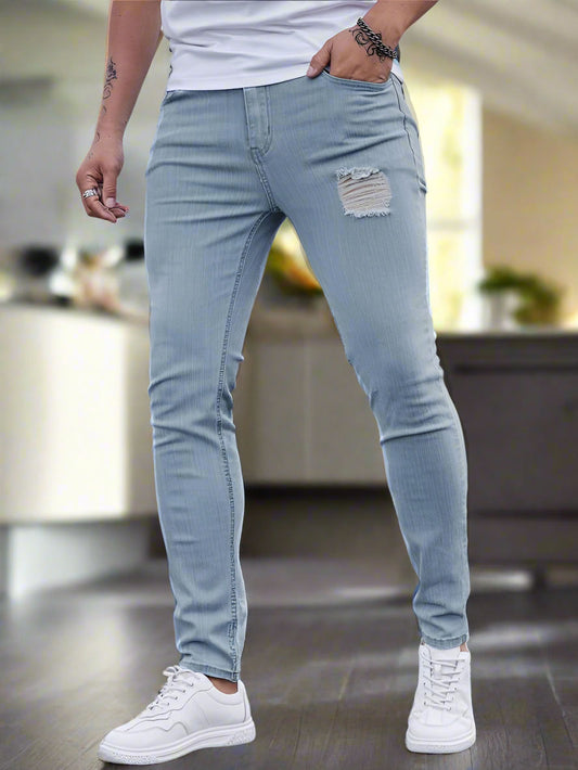 Skinny Jeans Hombre Azul Cielo Rotos