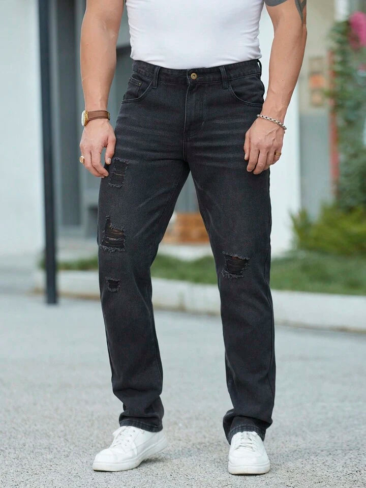 Pantalones Straight Hombre Negros Rotos