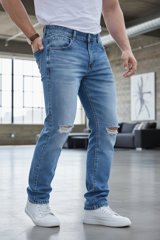Jeans Straight Hombre Rotos de Azules Desgastados