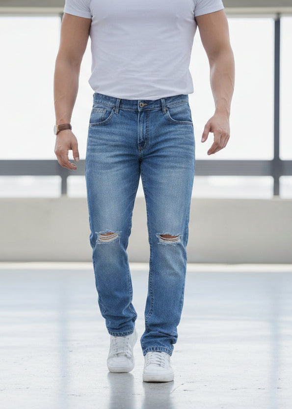 Pantalones de Hombre Straight Rotos Azules - Tendencia PDMX