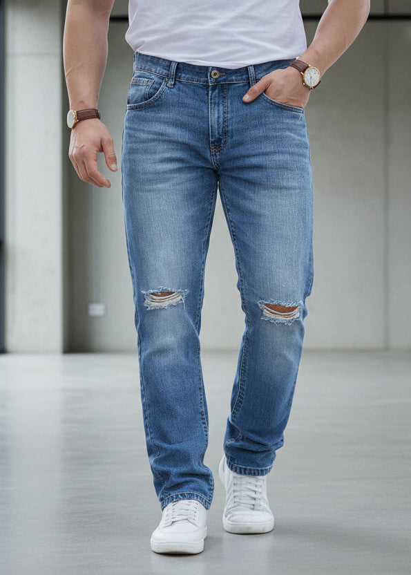 Pantalones Rectos Azules Desgastados con Detalles Rotos