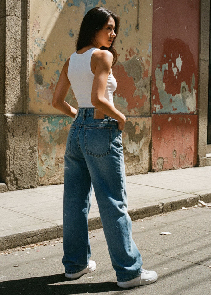 Baggy Pants Mujer Rígida Azul Tiro Alto
