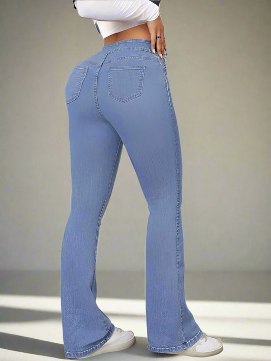 Jeans acampanados de mezclilla azul estilo Mom mujer
