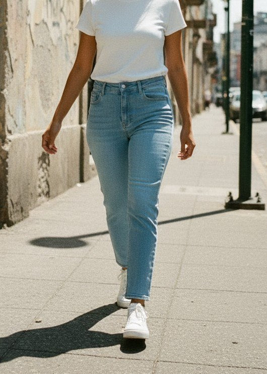 Jeans Azul Claro de Corte Recto y Cintura Alta para Mujer