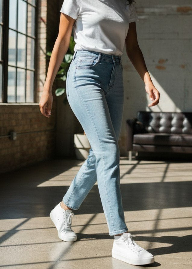 Pantalón Vaquero Recto de Cintura Alta para Mujer Azul Claro