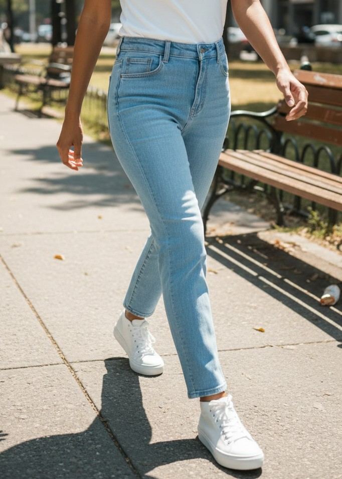 Jeans Rectos de Mujer de Cintura Alta Azul Claro