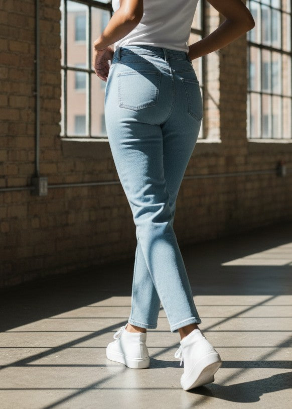 Jeans Azul Claro de Corte Recto y Cintura Alta para Mujer